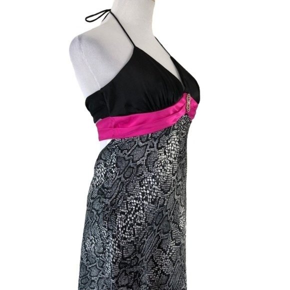 Blondie Nites Satin Evening Halter Dress V Neck Open Back Size 11 Animal Print - Picture 6 of 8